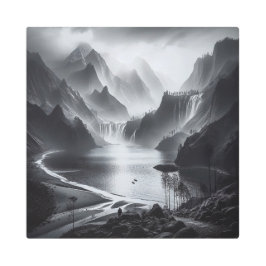 山の滝（白黒） メタルプリント