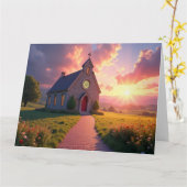 山の牧場にある魅力的な石の教会 カード (黄色い花)