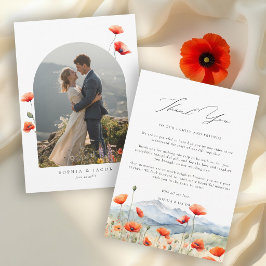 山の牧場の夏のポピーのロマンティックな結婚式 サンキューカード