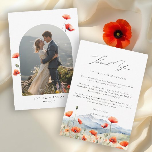 山の牧場の夏のポピーのロマンティックな結婚式 サンキューカード