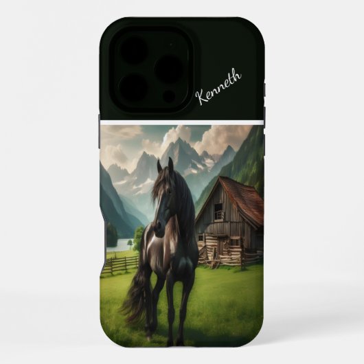 山の牧場の黒馬 iPhoneケース (裏面)