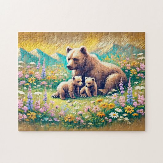 山の牧草地の淡色チョーク画に描かれたクマの家族 ジグソーパズル (横)