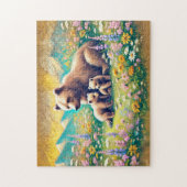 山の牧草地の淡色チョーク画に描かれたクマの家族 ジグソーパズル (縦)