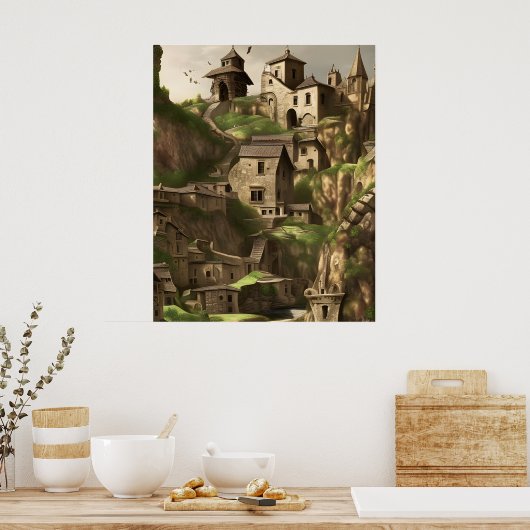 山の石の家の古い町 ポスター (キッチン)