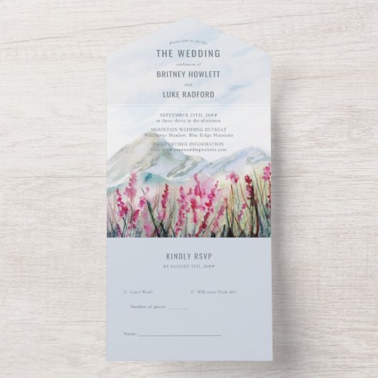 山の結婚ピンク野草牧草原水色 オールインワン招待状 (内側)