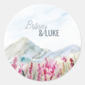 山の結婚水彩桃色の野草地 ラウンドシール (正面)