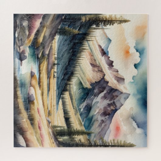 山の絵画風景の水色 ジグソーパズル (横)