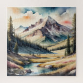 山の絵画風景の水色 ジグソーパズル (縦)