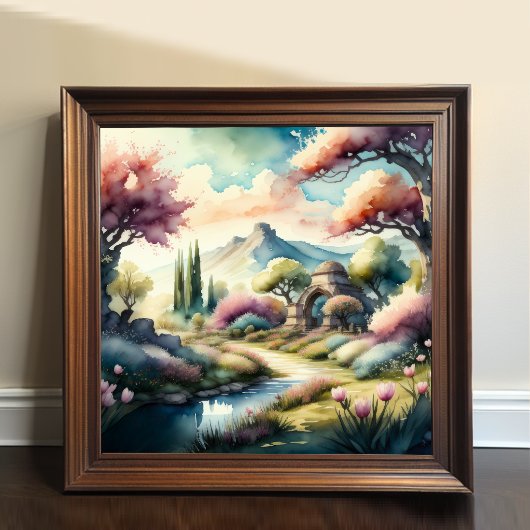 山の絵画風景の水色 ポスター
