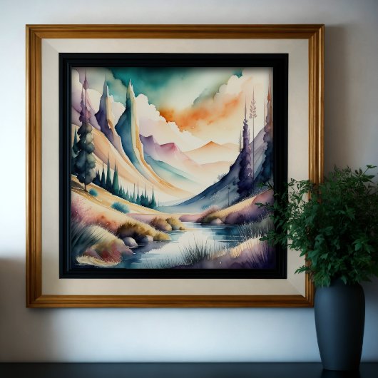 山の絵画風景の水色 ポスター