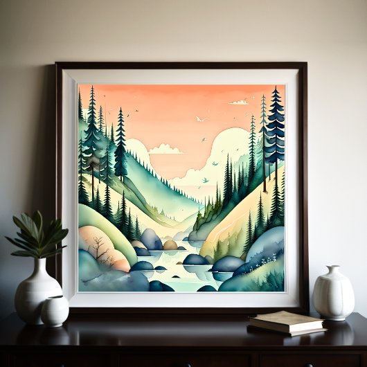山の絵画風景の水色 ポスター