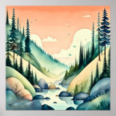 山の絵画風景の水色 ポスター (正面)