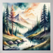 山の絵画風景の水色 ポスター (正面)