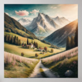 山の絵画風景の水色 ポスター (正面)