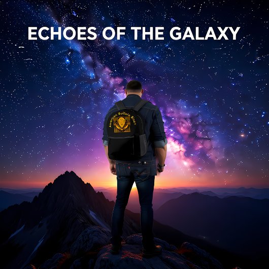 山の背景に対するバイソンヘッドシルエット プリントバックパック