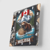 山の背景を持つカナダのビーバー スクエア壁時計 (傾斜)