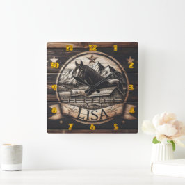 山の背景を持つ木馬彫刻 スクエア壁時計