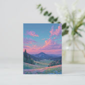 山の草原に沈む鮮やかなピンクの夕日 ポストカード (スタンド正面)