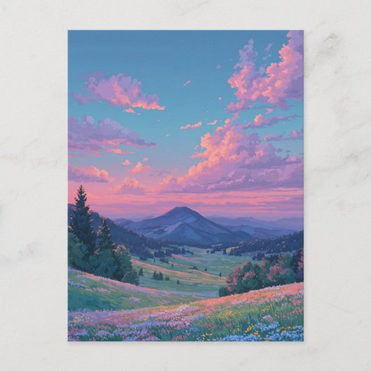 山の草原に沈む鮮やかなピンクの夕日 ポストカード (正面)