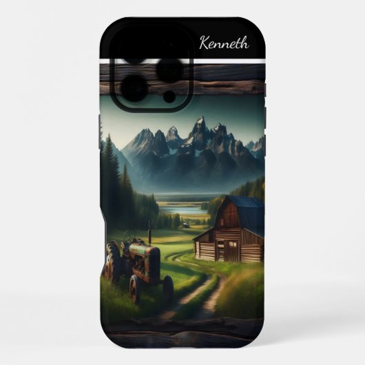 山の農場のトラクター iPhoneケース (裏面)