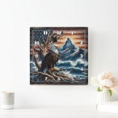 山の近くの枝に止まるハゲのワシ スクエア壁時計 (ホーム)