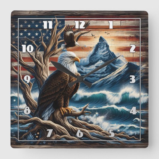 山の近くの枝に止まるハゲのワシ スクエア壁時計 (正面)