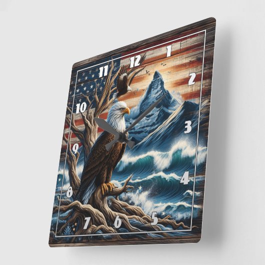 山の近くの枝に止まるハゲのワシ スクエア壁時計 (傾斜)