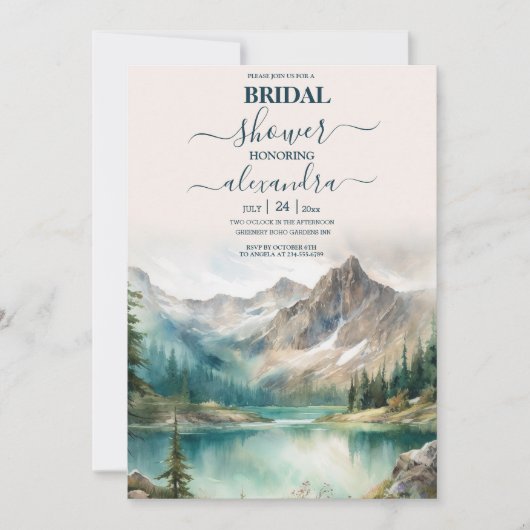 山の郷愁に満ちた夕焼けの水彩画 オレンジ色のウェディング 招待状 (正面)