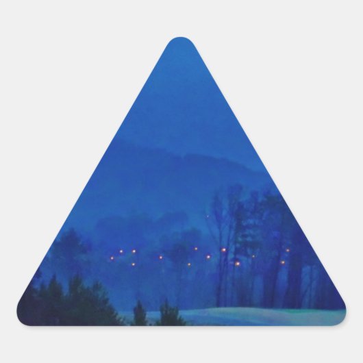 山の青い霧の中でキラキラ光 三角形シール (正面)