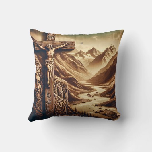 山の風景で十字架につけられたイエス クッション (裏面)