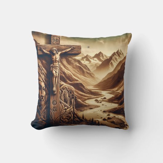 山の風景で十字架につけられたイエス クッション (正面)