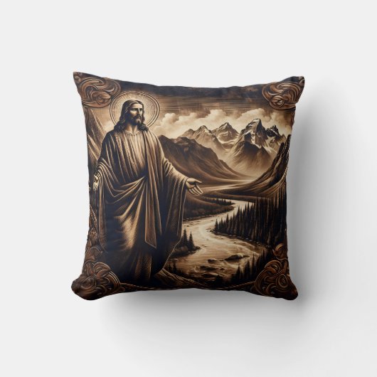 山の風景で腕を広げるイエス クッション (正面)