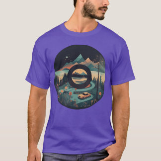 山の風景にキャンピング カラバンとレコード Tシャツ