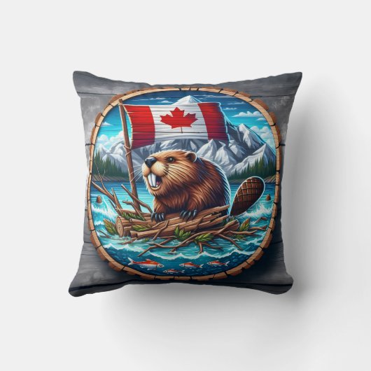 山の風景に旗を持つカナディアン・ビーバー クッション (裏面)