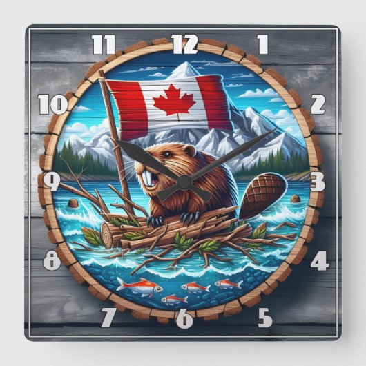 山の風景に旗を持つカナディアン・ビーバー スクエア壁時計 (正面)
