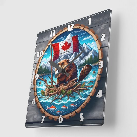 山の風景に旗を持つカナディアン・ビーバー スクエア壁時計 (傾斜)
