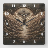 山の風景の上に威厳のある十字架 スクエア壁時計 (正面)