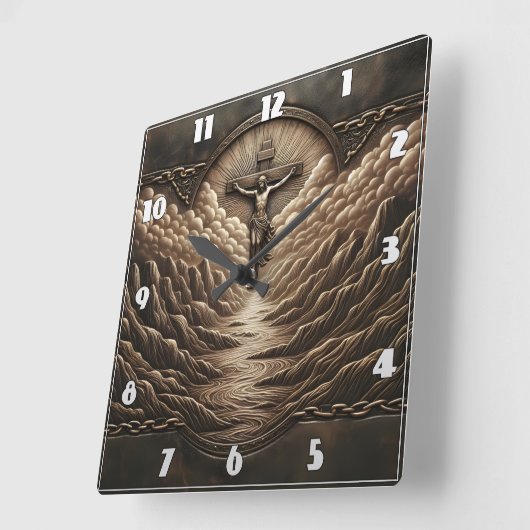 山の風景の上に威厳のある十字架 スクエア壁時計 (傾斜)