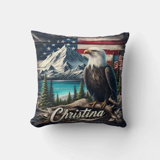 山の風景の中に突き出たハゲのワシ クッション (正面)