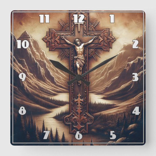 山の風景の十字架にイエス スクエア壁時計 (正面)