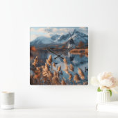 山の風景を持つ湖の風車 スクエア壁時計 (ホーム)