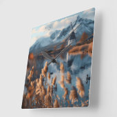 山の風景を持つ湖の風車 スクエア壁時計 (傾斜)