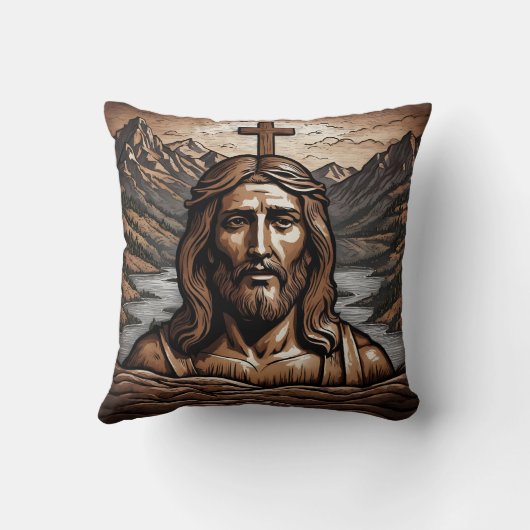 山の風景を見下ろす十字架のイエス クッション (裏面)