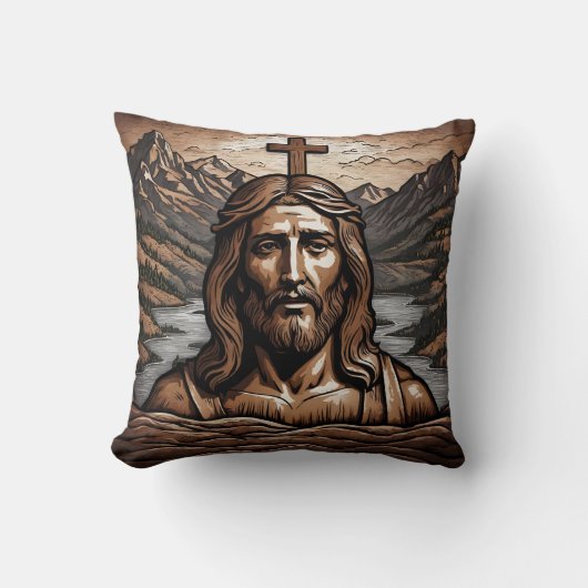 山の風景を見下ろす十字架のイエス クッション (正面)