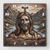 山の風景を見下ろす十字架のイエス スクエア壁時計 (正面)