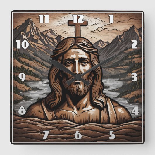 山の風景を見下ろす十字架のイエス スクエア壁時計 (正面)