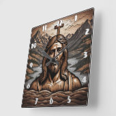 山の風景を見下ろす十字架のイエス スクエア壁時計 (傾斜)