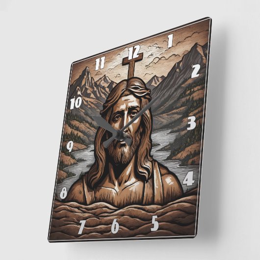山の風景を見下ろす十字架のイエス スクエア壁時計 (傾斜)