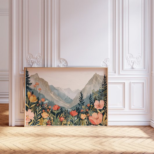 山の風景ワイルドフラワー絵を描の20x16インチ ポスター