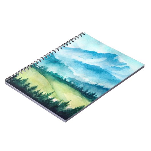 山の風景。水彩イラストレーション。 ノートブック (左側)